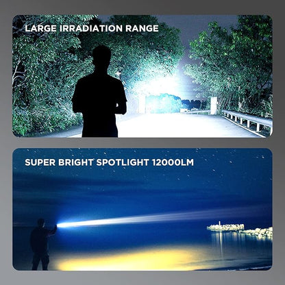 Rechargeable Spotlight Super Bright 12000 Lumen LED Flashlight Handheld Spotlight 10000mAh Long Lasting Large Flashlight Searchlight for Camping Outdoor Hunting Emergency as Gift
