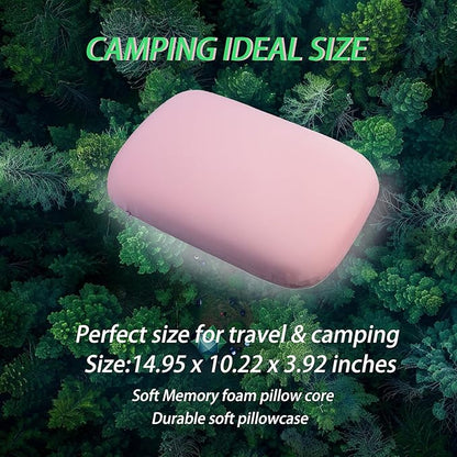 Camping Pillow Small Travel Pillow Memory Foam Bed Soft Neck Pillow Lightweight Easy to Carry Portable Cooling Home Pillow Removable Pillow Cover with Travel Storage Bag(Pink)