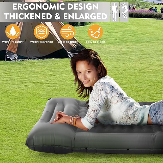 Camping Sleeping Pads，Extra Thick 5 Inch Inflatable Sleeping Mat with Pillow Built-in Pump，Oversized Mattress Super Portable Backpacking Sleeping Pad (Grey-Single)