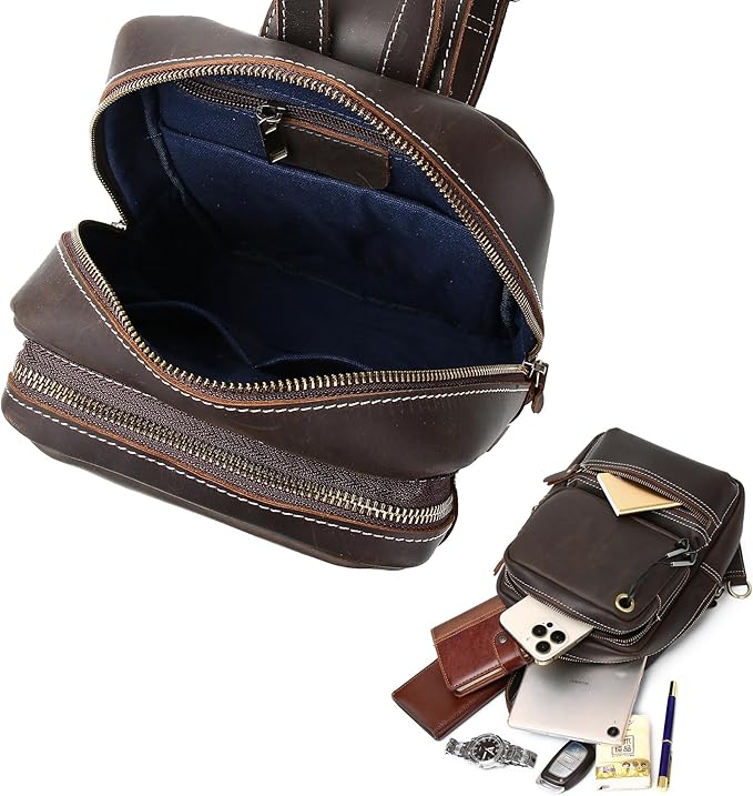 KPYWZER Crazy Horse Genuine Leather Sling Bag for Men Women Shoulder Backpack Satchel Crossbody Chest Casual Outdoor Daypack Deep Brown