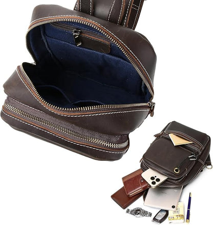 KPYWZER Crazy Horse Genuine Leather Sling Bag for Men Women Shoulder Backpack Satchel Crossbody Chest Casual Outdoor Daypack Deep Brown