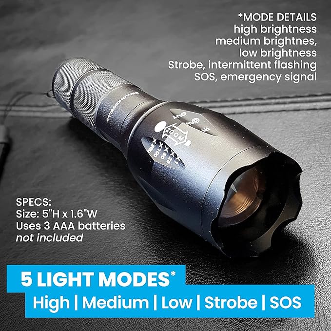 Taclight Flashlight by Bell+Howell High Lumens LED Tactical Flashlight 5 Modes & Zoom Function 40X Brighter Water Proof Handheld Flashlight for Emergency Camping Accessories As Seen On TV Set of 3