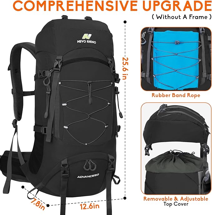 N NEVO RHINO Waterproof Hiking Backpack 50L/60L, Camping Backpack with Rain Cover, Hiking Travel Mountaineering Backpack