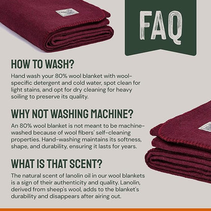 Woolly Mammoth Merino Wool Blanket - Large 66" x 90", 4LBS Camp Blanket | Throw for The Cabin, Cold Weather, Emergency, Dog Camping Gear, Hiking, Survival, Army, Outside, Outdoors – Burgundy