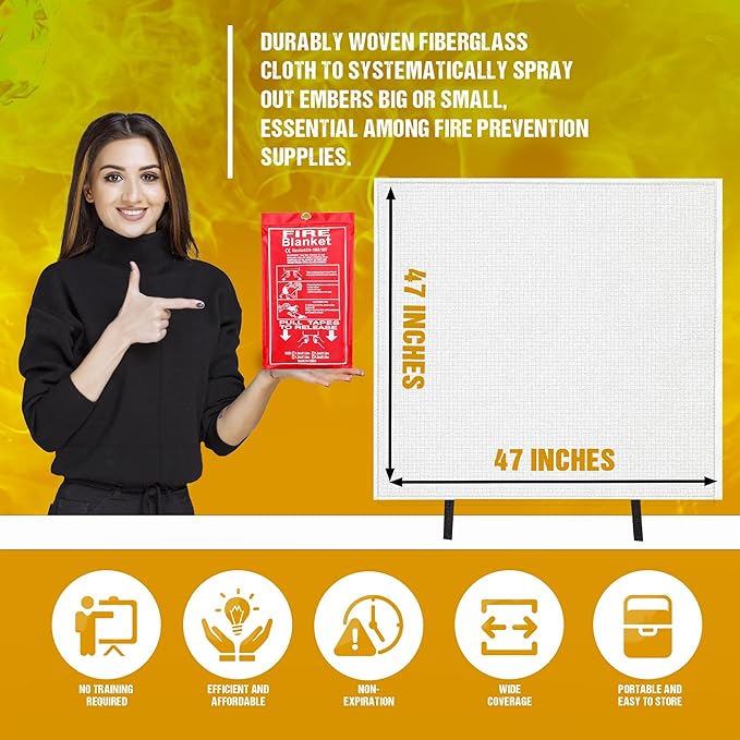 Fire Blanket, 2 Pack- 47”x 47” Fire Extinguisher Blankets for Home & Kitchen, High Heat Resistant Fire Suppression Blankets for Home Safety, Grill, Car, Office, Warehouse, and Camping