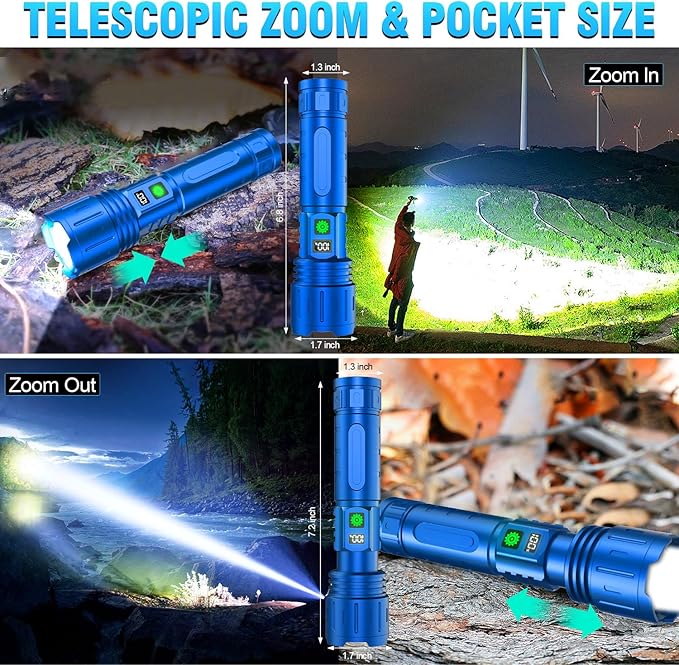 Flashlights 20000 High Lumens Rechargeable - 1500 Meters Long Beam Super Bright LED Flash Light with Power Display & IPX5 Waterproof for Camping, 20H Runtime,5 Modes,Zoomable Handheld Flashlight-Blue