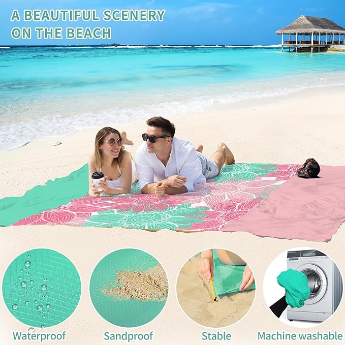 BYDOLL Beach Blanket Sandproof Waterproof 78''×81'' 1-4 Adults Compact Lightweight Oversized Beach Blanket Large Picnic Mat Beach Blanket for Travel Camping Hiking Picnic