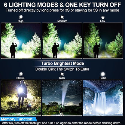 Flashlights 20,000 High Lumens Rechargeable, 1500M Long Throw Super Bright LED Small Powerful Flashlight with Memory Function, 6Modes Pocket Waterproof Flash Light for Camping,Hiking,Emergency