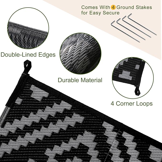 OPPODREAM Outdoor Rug 5x8 Ft, Waterproof Outdoor Plastic Straw Rug for Patio, Reversible Out Door Carpet for Camping, Deck, Rv, 5 x 8 Area Carpet for Balcony, Porch, Backyard, Black and Grey