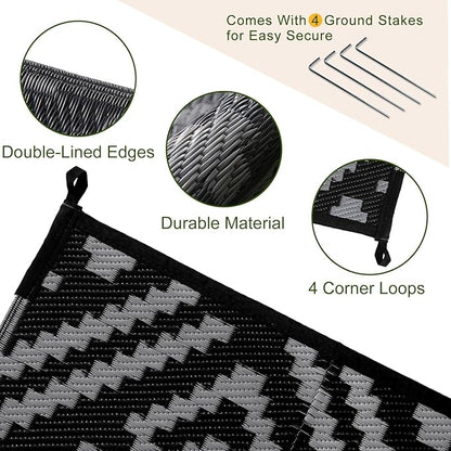 OPPODREAM Outdoor Rug 5x8 Ft, Waterproof Outdoor Plastic Straw Rug for Patio, Reversible Out Door Carpet for Camping, Deck, Rv, 5 x 8 Area Carpet for Balcony, Porch, Backyard, Black and Grey