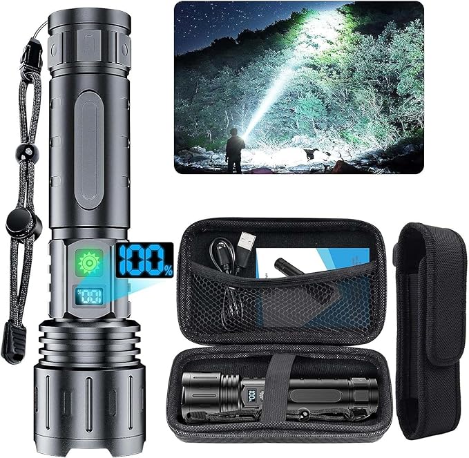 Flashlights 20000 High Lumens Rechargeable - 1500 Meters Long Beam Super Bright LED Flash Light with Power Display & IPX5 Waterproof for Camping, 20H Runtime,5 Modes,Zoomable with Belt Holsters