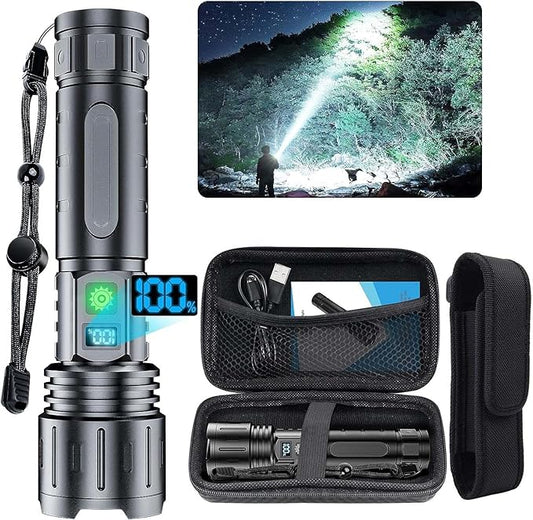 Flashlights 20000 High Lumens Rechargeable - 1500 Meters Long Beam Super Bright LED Flash Light with Power Display & IPX5 Waterproof for Camping, 20H Runtime,5 Modes,Zoomable with Belt Holsters