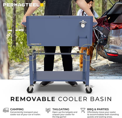 Permasteel 80-Qt Outdoor Patio Cooler with Removable Basin, Outside Beverage Cooler Cart, Rolling Cooler with Wheels and Handles, Azure Blue