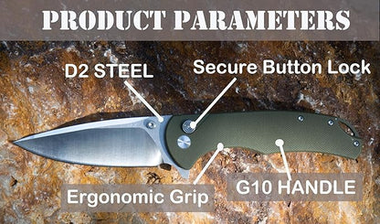 FD04 Folding Pocket Knife, D2 Steel Blade G10 Handle and Button Lock EDC Pocket Cool Knife for Men and Women, Camping Hunting Hiking Fishing Knives Tools (Green Drop)