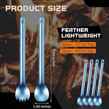 4 Pieces Titanium Long Handle Spork and Spoon 8.4 Inch Ultralight Portable Flatware Lightweight Soup Spoon Camping Spork Utensil for Outdoor Camping Backpacking Hiking Travel Picnic (Blue)