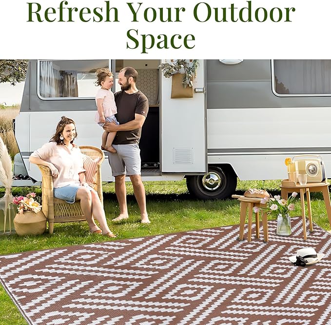 OPPODREAM Outdoor Rug 5x8 Ft, Waterproof Outdoor Plastic Straw Rug for Patio, Reversible Out Door Carpet for Camping, Deck, Rv, 5 x 8 Area Carpet for Balcony, Porch, Backyard, White and Brown