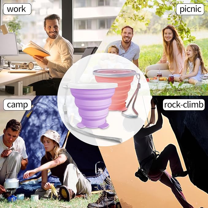 2 Pcs Collapsible Cup, Silicone Collapsible Travel Cup, Expandable Folding Camping Drinking Cup with Lids Reusable Small Portable Mugs Cup for Travel, Camping, Hiking,Outdoor Sports (Purple&Pink)