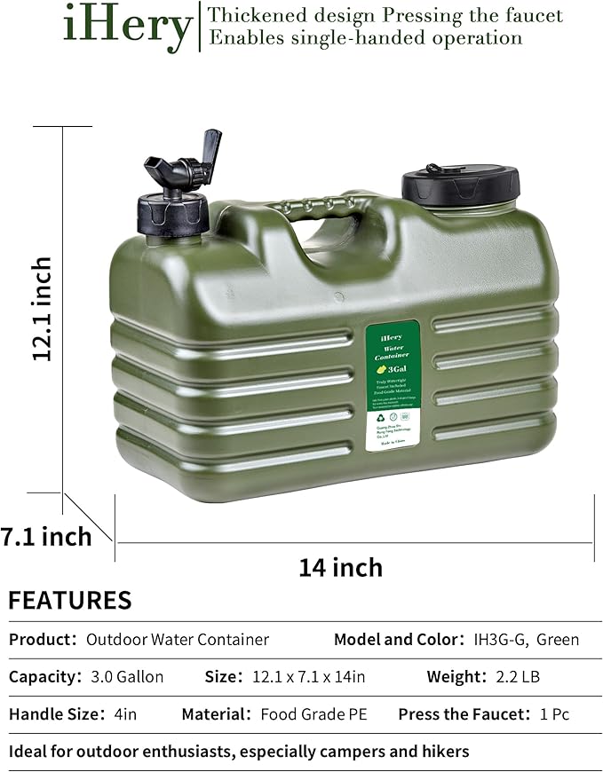 3 Gallon Water Jug, Thickened BPA Free Outdoor Camping Green Water Container Storage, Press Faucet Design Portable Water Tank, Emergency Overlanding Gear for Picnicking