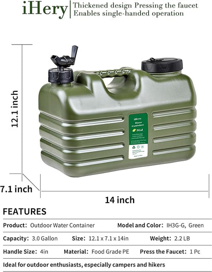 3 Gallon Water Jug, Thickened BPA Free Outdoor Camping Green Water Container Storage, Press Faucet Design Portable Water Tank, Emergency Overlanding Gear for Picnicking