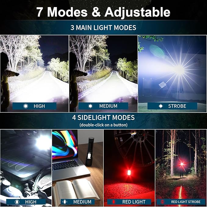 BERCOL Rechargeable Flashlights High Lumen, 990,000 Lumens Super Bright Magnetic Flash Light, 7 Modes with Cob Work Light, Powerful Led Flashlight with Holster for Camping, Emergencies, Home