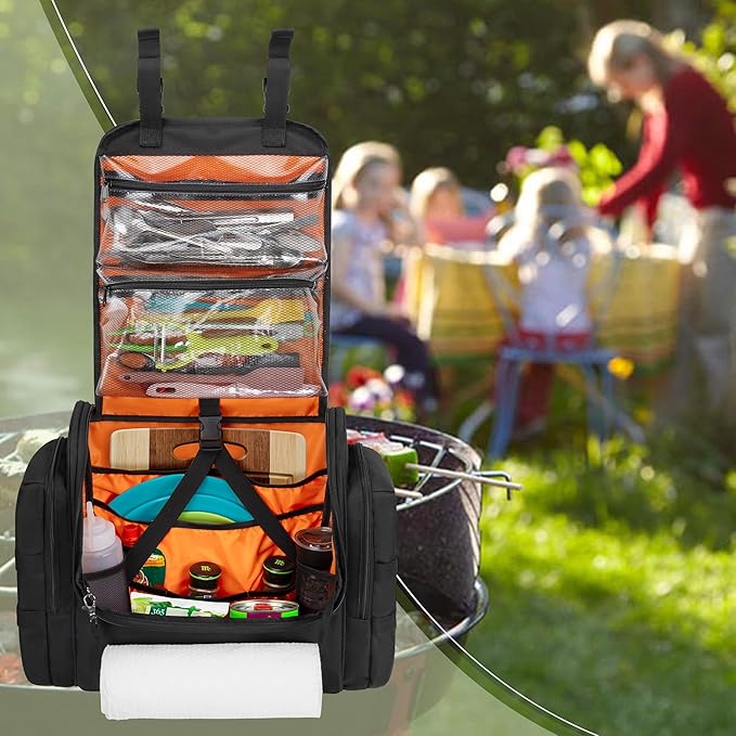 Large Tactical Camping Kitchen Organizer, Hanging Cookware Storage Bag with Paper Towel Holder & Multi Pockets, Portable Camp Utensil Organizer for Outdoor BBQ Cooking Essentials, Bag Only