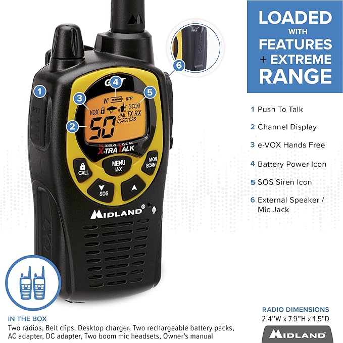 Midland 50 Channel GMRS Two-Way Radio - Long Range Walkie Talkie with 142 Privacy Codes, SOS Siren, and NOAA Weather Alerts and Weather Scan (Black/Yellow, Pair Pack)