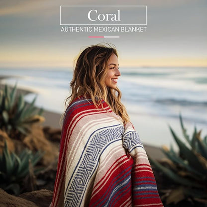 Authentic Large Handwoven Mexican Blanket - Soft Yoga Blanket - Durable Serape Blanket - Lightweight Falsa Blanket, Beach Blanket, Camping Blanket, Picnic Blanket, Outdoor Blanket 70"x50" - Coral