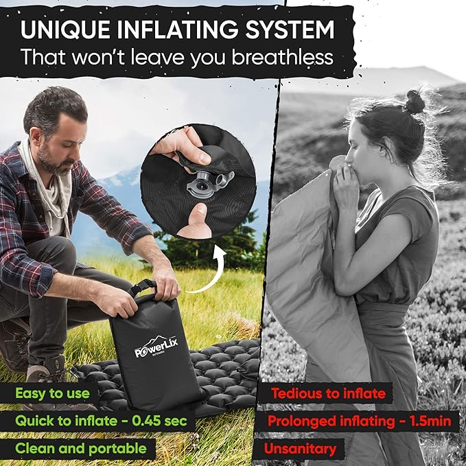 POWERLIX Sleeping Pad – Ultralight Inflatable Sleeping Mat, Ultimate for Camping, Backpacking, Hiking – Airpad, Inflating Bag, Carry Bag, Repair Kit – Compact & Lightweight Air Mattress (Black)