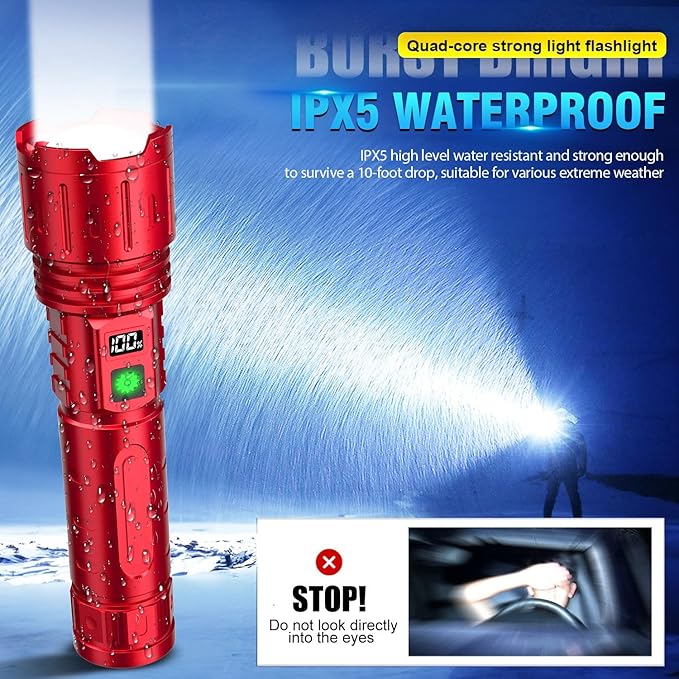 Flashlights 20000 High Lumens Rechargeable - 1500 Meters Long Beam Super Bright LED Flash Light with Power Display & IPX5 Waterproof for Camping, 20H Runtime,5 Modes,Zoomable Handheld Flashlight -Red