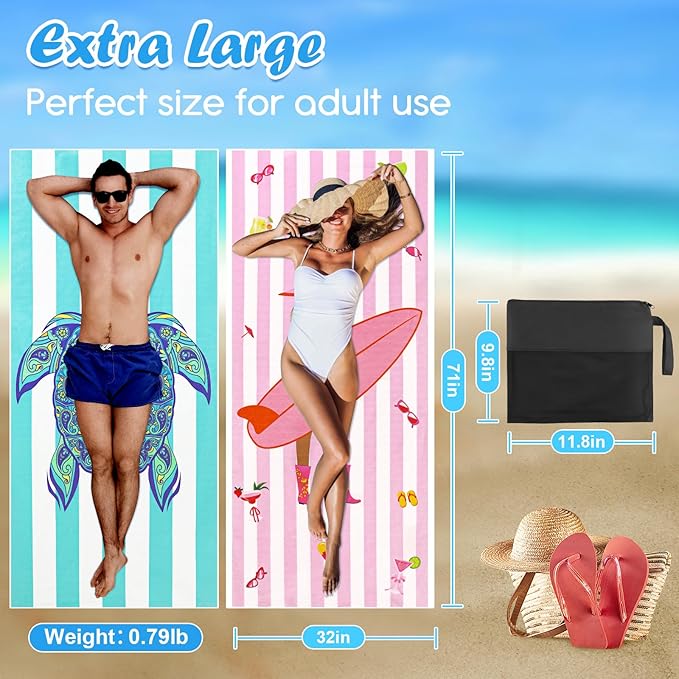 2 Pack Microfiber Beach Towel, 71"x32" XL Oversized Sand Free Beach Towels Blanket Soft & Absorbent for Adults Women Men Beach Pool Camping Travel Yoga Vacation Essentials Accessories Gifts