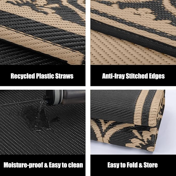 Plastic Outdoor Rug 6'x9' Waterproof Camping Carpet Outside Area Rug Reversible Brown Rugs for RV Deck Entryance Porch Picnic Balcony Beach