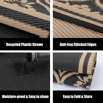 Plastic Outdoor Rug 6'x9' Waterproof Camping Carpet Outside Area Rug Reversible Brown Rugs for RV Deck Entryance Porch Picnic Balcony Beach