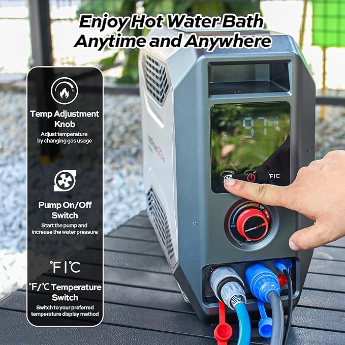 FOGATTI Portable Gas Water Heater, InstaShower GO Pro, Propane, 22,000 Highest BTU, with 5000mAh Rechargeable Built-in Battery, DC 12V, Outdoor Camping Shower with Tip-Over Protection, Safety Shutoff
