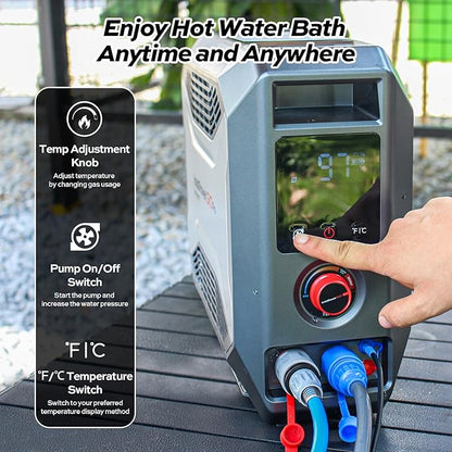 FOGATTI Camping Shower Tent with InstaShower GO Pro Portable Water Heater and Carrying Bag