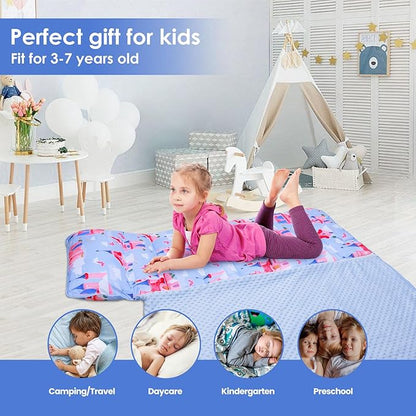 Kids Sleeping Bag Nap Mat with Removable Pillow and Blanket,Extra Thick Large 2 in 1 Slumber Bags for Boys Girls,Toddler Nap Mat for Preschool Daycare Travel Camping