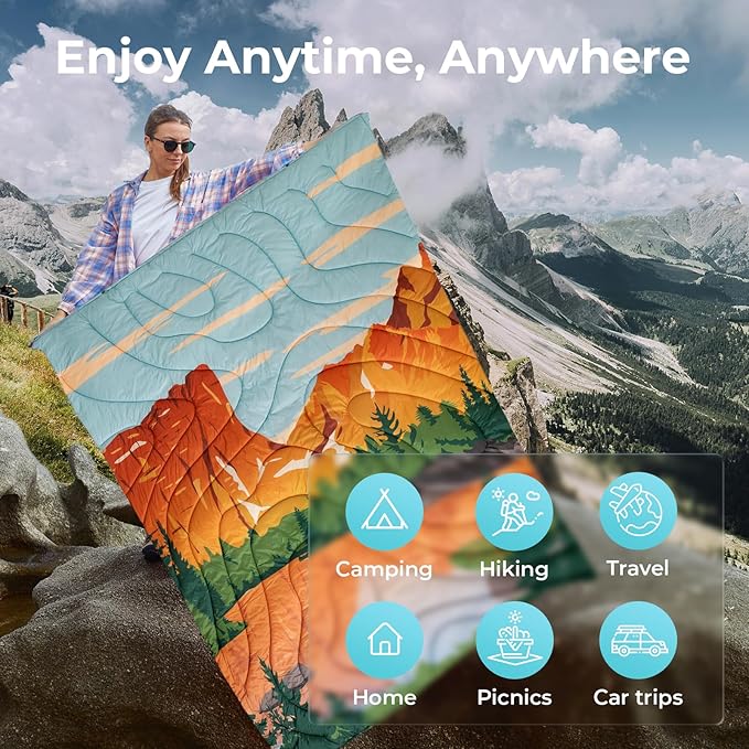 KingCamp Lightweight Camping Blanket - Puffy Printed Warm Camping Quilt with Snap Button - Portable for Travel, Hiking, Stadium, Airplane - 79" x 57" - Orange/Blue