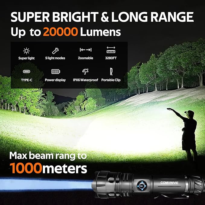 Flashlights Rechargeable High Lumens Strong Zoomable Flashlight NIGHT Turns Into DAY,Long Distance LED Tactical Handheld Flash lights 5 Modes Waterproof Strobe for Emergencies Camping Hiking Gift