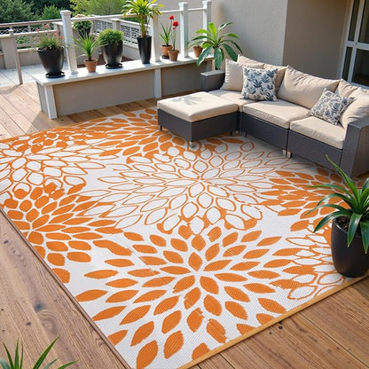 Anidaroel Outdoor Rugs 8x10ft for Patios Clearance Waterproof, Reversible Tropical Plastic Straw Camping Mat Outside Rug, Large Outdoor Area Rug for RV, Deck, Balcony, Picnic(Orange,8'x10')