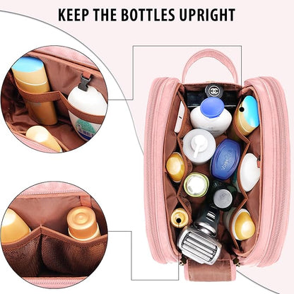 Travel Toiletry Bag for Women, Large Hanging Toiletries Organizer Bags for Man, Cruise Ship Essentials, Water-resistant Shaving Case, PU Leather Makeup Accessories, Cosmetic Dopp Kit, Pink