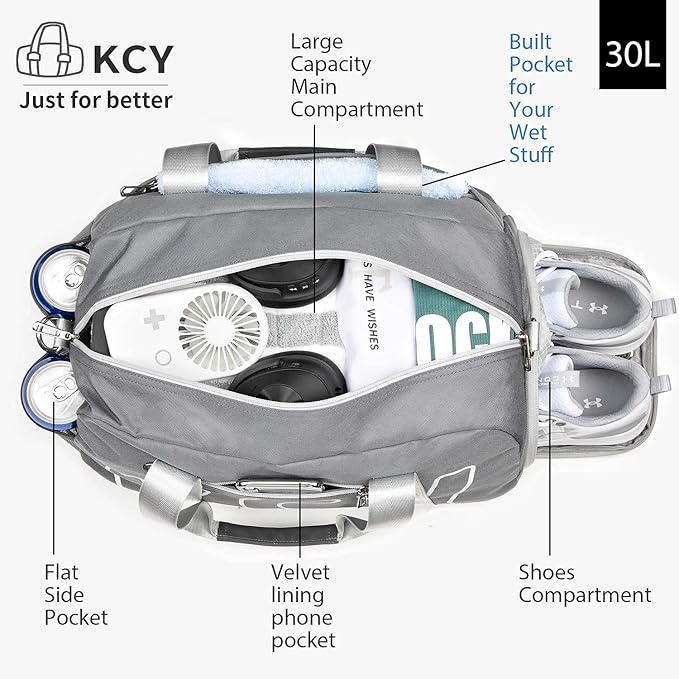 KCY Sports Gym Bag with Wet Pocket & Shoes Compartment for Women & Men, Small Sports Duffel Bag for Yoga Baseball Camping Travel, Waterproof, Lightweight, Dark-grey