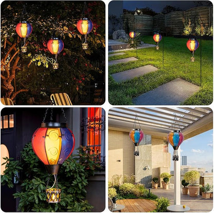 Hot Air Balloon Solar Lantern with Candle Holder Solar Hot Air Balloon Flickering Flame Hanging Garden Light Waterproof Glass Hot Air Balloon Solar Lamp Decorative for Lawn Porch Tree Yard