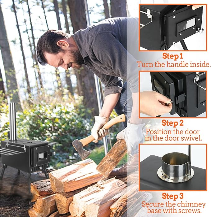 Outdoor Camping Stove, Portable Wood Burning Stove with Chimney Pipe for Tent, Shelter, Heating and Cooking (Pipe Diameter: 2.36")