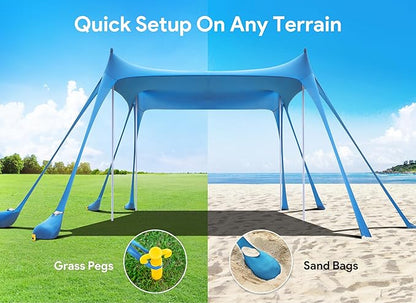 Osoeri Beach Tent, Camping Sun Shelter UPF50+ with 8 Sandbags, Sand Shovels, Ground Pegs & Stability Poles, Outdoor Shade Beach Canopy for Camping Trips, Fishing, Backyard Fun or Picnics