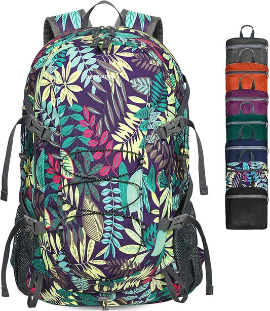 40L Lightweight Hiking Backpack Travel Packable Daypack for Women and Men, Purple Leaf