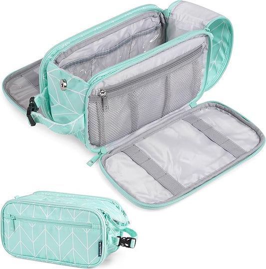 PAVILIA Toiletry Bag for Men Women, Mens Travel Bag Toiletries Organizer Case for Grooming, Travel Essentials Shaving Dopp Kit, PU Leather Water Resistant Cosmetic Pouch, Teal Chevron