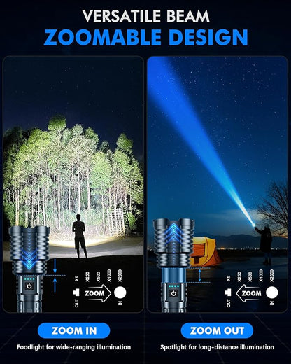 Super Bright Rechargeable LED Flashlights,True 2500000 High Lumens, Powerful Tactical Flashlight Up to 25H Long Battery Life |Zoomable|5Light Modes|IP67 Water Resistant for Camping (Grey)