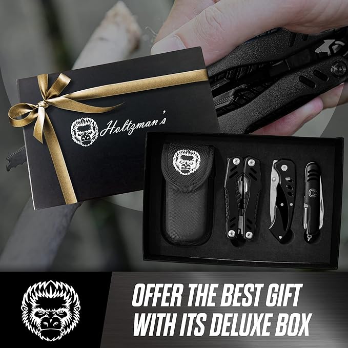 Holtzman's Gorilla Survival 3 Piece Pocket Multitool Utility Knife Gift Set (Black)