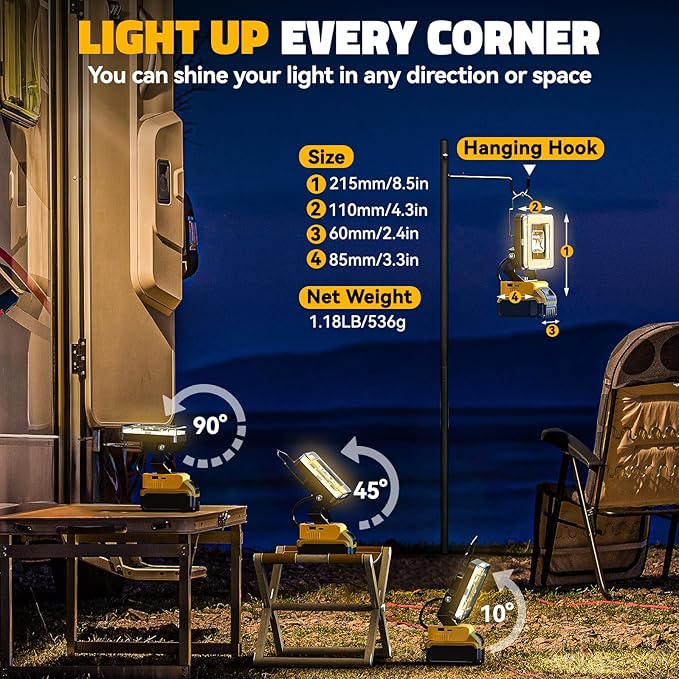 LED Work Light for Dewalt 20v Max Battery, 60W Cordless LED Flood Light with 4 Color Temperature, Portable Spotlight, Flashlights High Lumens with USB/Type-C Charging Ports for Workshop, Garage