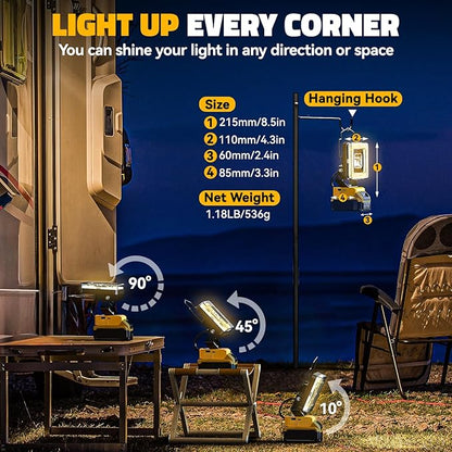 LED Work Light for Dewalt 20v Max Battery, 60W Cordless LED Flood Light with 4 Color Temperature, Portable Spotlight, Flashlights High Lumens with USB/Type-C Charging Ports for Workshop, Garage