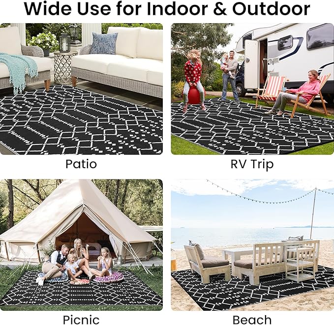 Smiry Outdoor Rug 6x9 ft, Waterproof Reversible Plastic Straw Rugs, Boho Outdoor Area Rug, Outside Floor Mat for Patio, Backyard, Deck, Picnic, Beach, Camping, Black